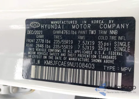 2022 Hyundai Tucson Xrt z USA, uszkodzony, nr VIN KM8JFCAE9NU108403